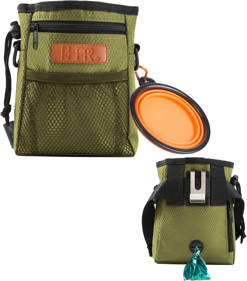 KHPR Dog Treat Training Pouch Easily Carries Pet Toys Kibble, Treats Built-in Poop Bag Dispenser 3 Ways to Wear Comes with a Foldable Silicone Bowl(Army Green) - Image 1